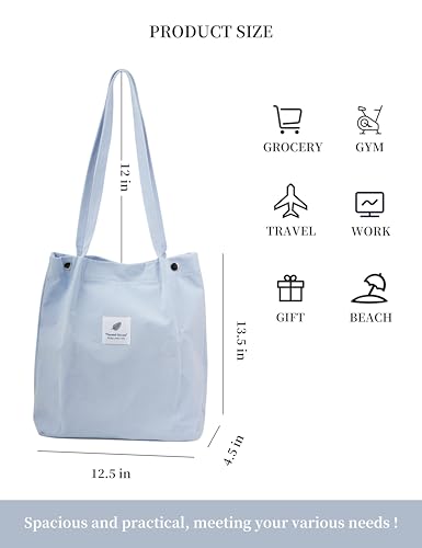 TOPASION Corduroy Tote Bag for Women - Mist Blue Shoulder Bag with Pocket