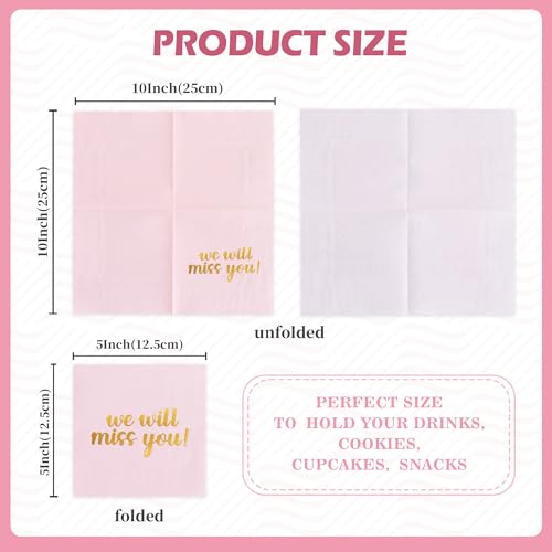 We Will Miss You Cocktail Napkins - 50 Pcs Pink Cursive Foil Party Supplies