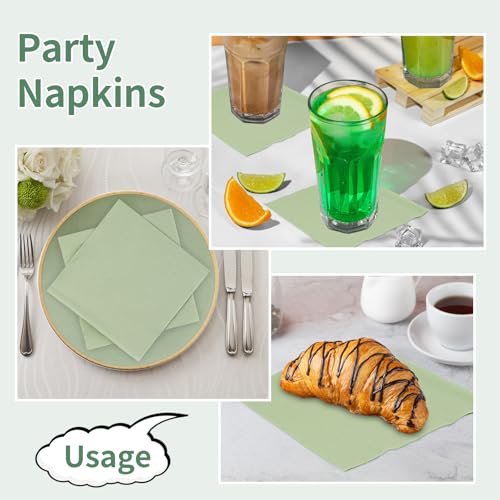 Sage Green Cocktail Napkins - 100 Pack, 2-Ply 5x5 Inch Disposable