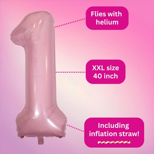DIWULI 40-Inch Pastel Pink Number 1 Foil Balloon for 1st Birthday Party