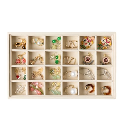 Frebeauty 24-Grid Velvet Earring Organizer Tray - Beige