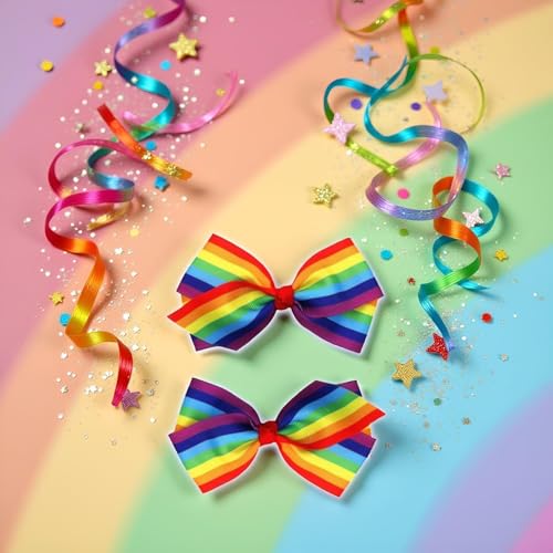 Rainbow Hair Bow Clips 4-Inch Ribbon Barrette Set for Women and Girls