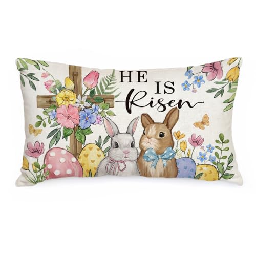 Easter Pillow Cover 12x20 Inch with Cross Bunny Eggs Design