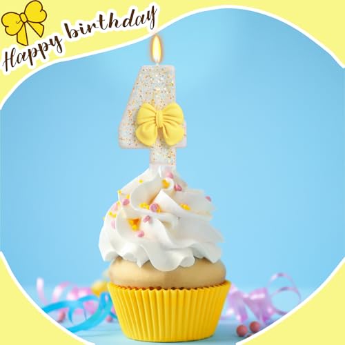 Number 4 Birthday Candle with Yellow Bow Cake Topper Decoration