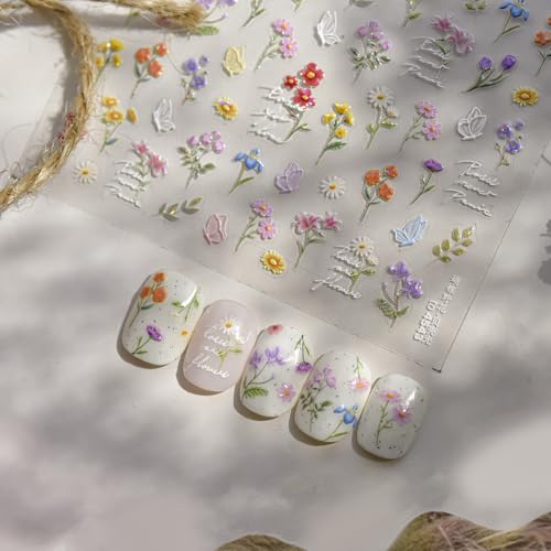 Qdsuh 5D Embossed Floral Nail Stickers - Summer Wildflower Daisy Decals