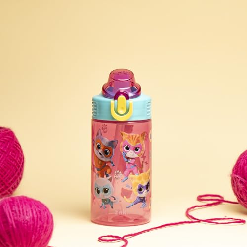 Zak Designs SuperKitties 16oz Kids Water Bottle, Leak-Proof Straw Cup