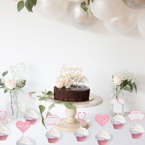 24-Piece Pink Nurse Graduation Cake Toppers Set - Stethoscope & Cap