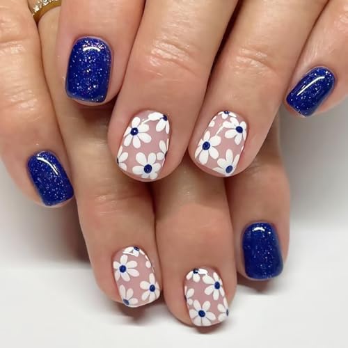 Short Square Press On Nails Dark Blue Floral Glitter False Nails