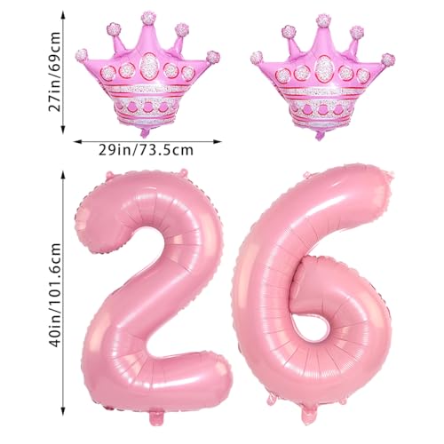 40-Inch Pink Number 26 Balloons with Crowns for Birthday Parties