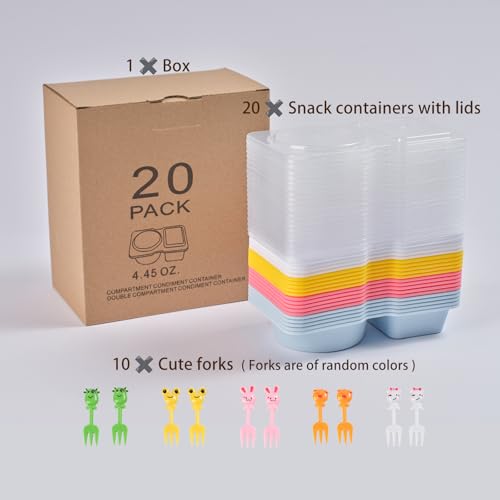 YTMerrify 20 Pack 4.5 Oz Reusable Snack Containers - 4 Colors, 2-Compartment with Lids