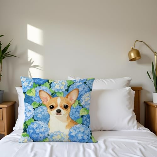 Blue Hydrangea Chihuahua Pillow Cover 18x18 - Soft Flannel