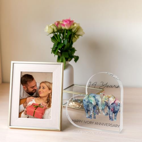 14th Wedding Anniversary Heart Acrylic Plaque - Elephant Keepsake Gift