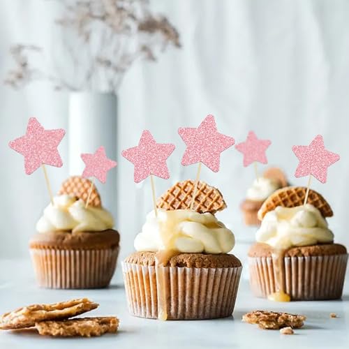 30 Glitter Star Cupcake Toppers for Birthday Parties - Pink