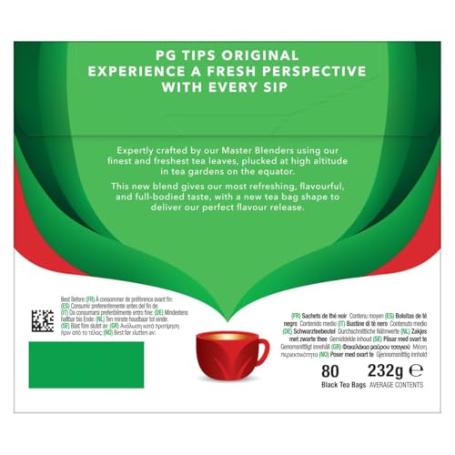 PG Tips Black Tea Bags Non-Pyramid 80 Count Pack of 1 - Classic British Flavor