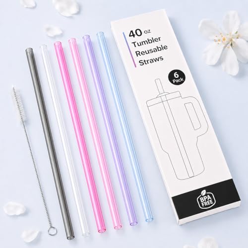 Joshey Replacement Straws for Stanley Quencher 40oz Tumblers - 6 Pack (Gray, Clear, Rose Red, Blue, Purple, Pink)