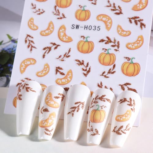 Fall Nail Stickers 4 Sheets 3D Self-Adhesive Maple Leaf Pumpkin Decals