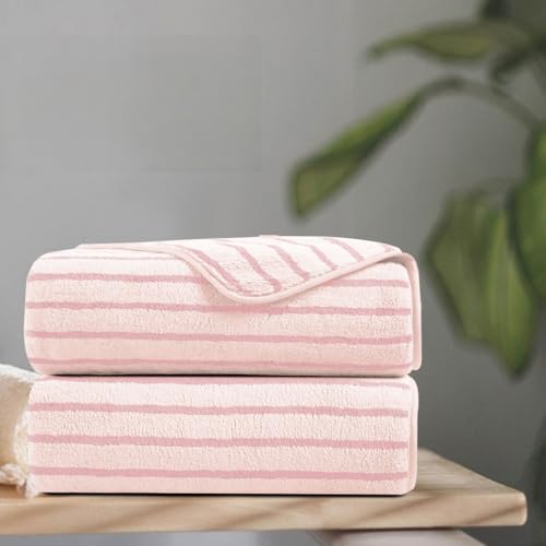 Oliven 2 Piece Pink Cabana Stripe Hand Towels Set - 16"x31" Ultra Soft and Absorbent