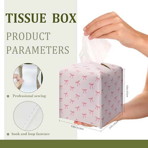 Pink Ribbon Bow Square Tissue Box Cover - Preppy Decorative Leather Holder