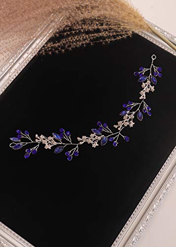 Kercisbeauty Blue Crystal Wedding Headband Silver Hair Piece for Women