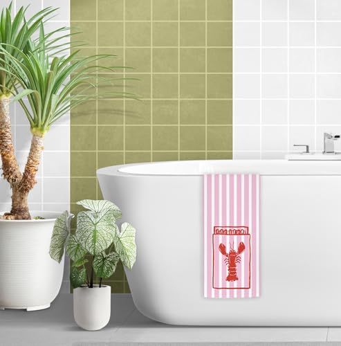 Coastal Beach Lobster Kitchen Towels - 16x24 Inch, Pink Striped