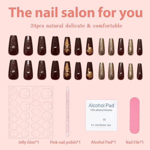 Fall Press on Nails Medium Coffin Brown Glitter Maple Leaf Acrylic Nails