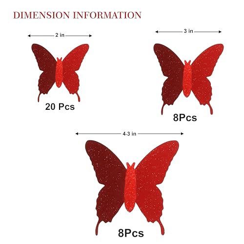 Seyal Glitter 3D Butterfly Wall Stickers Red Sparkle Decor 36 Pcs