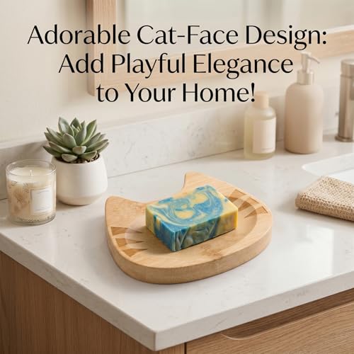 LIKEYO Cat Bamboo Soap Dish Self Draining for Shower & Bathroom
