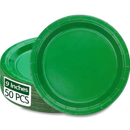 50 PCS 9-Inch Dark Green Paper Plates - Sturdy Disposable Dinnerware