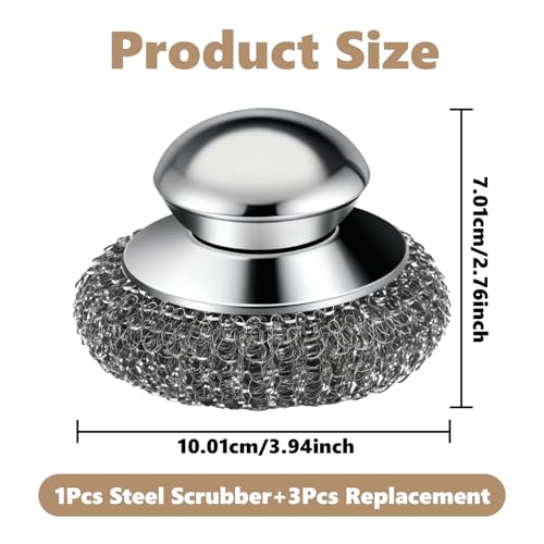 Stainless Steel Wool Scrubber with Handle - 1 Handle & 3 Replacement Pads