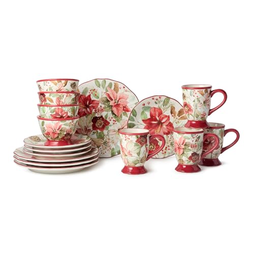Winter Blooms 16-Piece Holiday Dinnerware Set - Floral Plates, Mugs & Bowls for Christmas