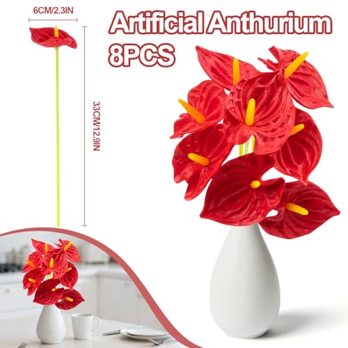 RAINFLOW 8-Piece Artificial Anthurium Flowers, 12.7-inch Faux Tropical Stems