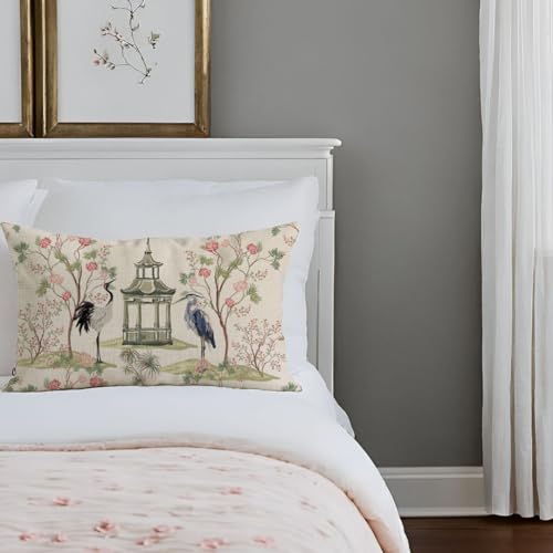 Chinoiserie Throw Pillow Cover 12x20 Inch Pink Green - PANDICORN