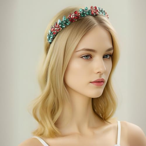 Brihasory Christmas Rhinestone Bridal Headband Red Green Hair Vine