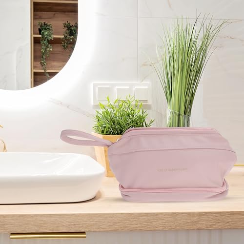 GLIDESMOOTH Double Layer Travel Makeup Bag - Waterproof PU Leather Toiletry Organizer with Brush Compartment, Pink