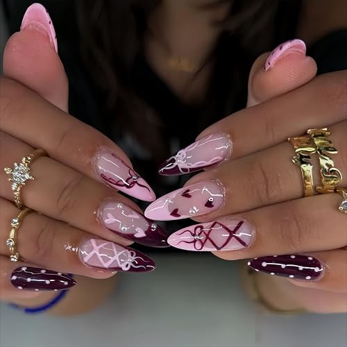 Valentines Day French Tip Press on Nails Medium Almond Fake Nails