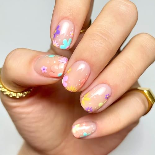 Short Square Press on Nails Floral French Tip Reusable Acrylic Fake Nails
