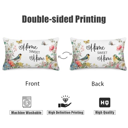 Home Sweet Home Floral Bird Lumbar Pillow Covers - Set of 2, 12x20 Inch