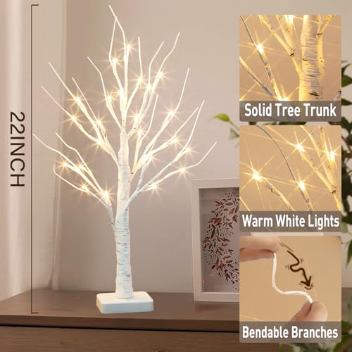 Lighted Birch Tree Decor - 22 Inch White Tabletop Tree with Timer & Battery Powered