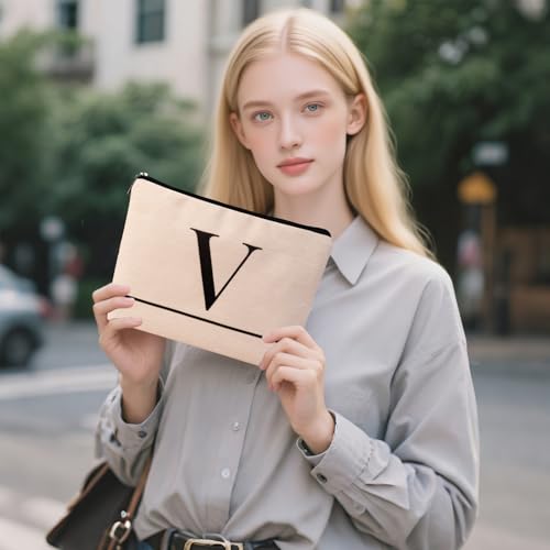 Initial Letter V Personalized Makeup Bag Monogrammed Travel Cosmetic Pouch