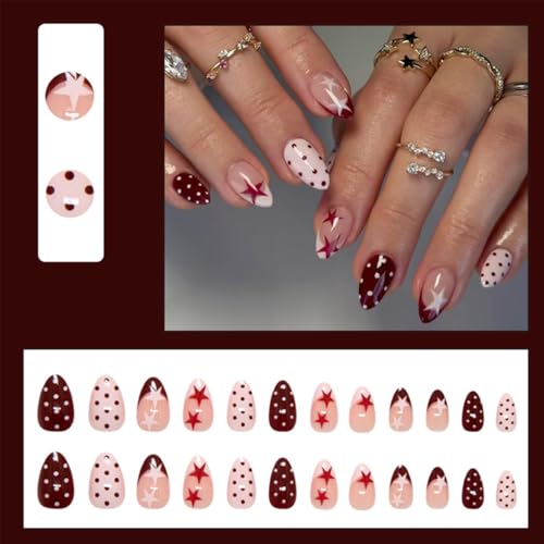 Short Almond Press on Nails Pink French Tip with Star and Polka Dot Design