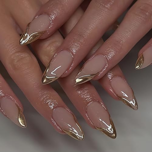 FNKFNK Gold French Tip Press on Nails Almond Medium Reusable False Nails