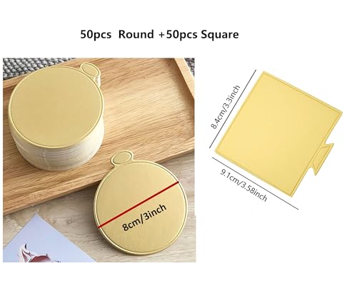 100pcs Mini Gold Cake Boards Assorted Round & Square Dessert Bases for Cakes & Pastries, 3.15 Inch