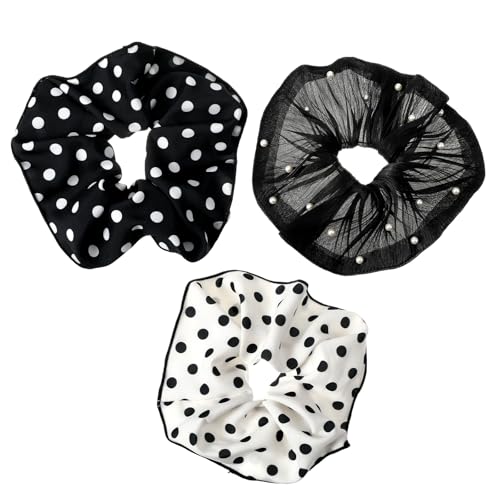 Nogeqi 3 Pcs Oversized Satin Scrunchies with Pearl and Polka Dot