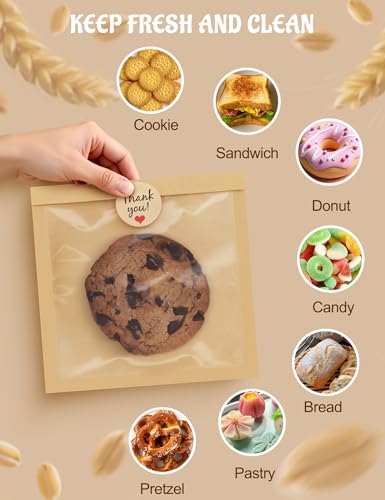 FireKylin 100pcs Kraft Cookie Bags with Window, 5.7"x6.5" Bakery Packs