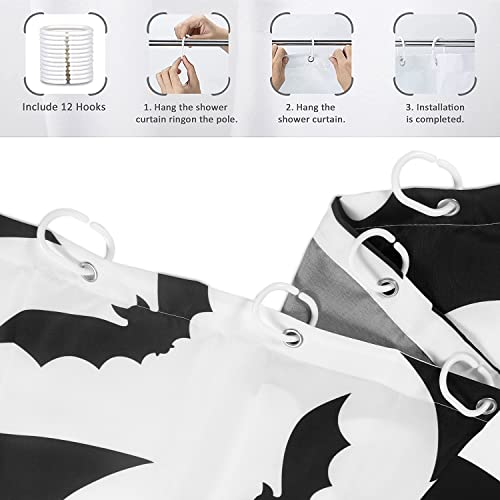 Halloween Bat Shower Curtain - Black and White Waterproof Fabric 72x72