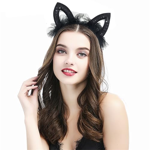 Black Lace Cat Ears Headband with Bow and Polka Dots for Halloween Costume