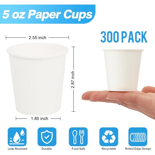 300 Pack 5oz Disposable Paper Cups - Sturdy, Leak-Proof White Cups
