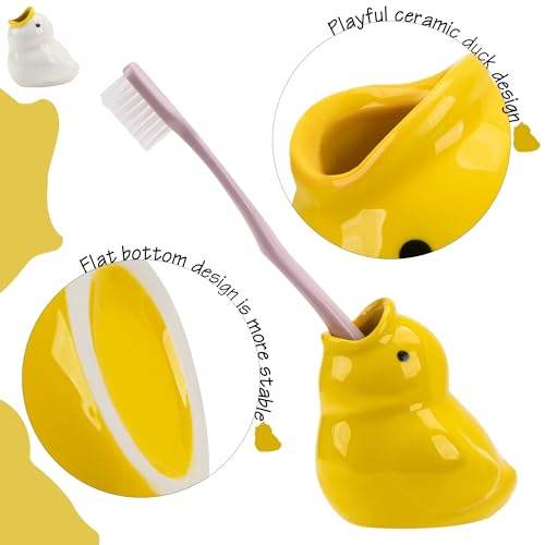 Ceramic Duck Toothbrush Holder Set - Cute Vanity Organizer (Yellow & White)