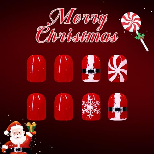 Christmas Press on Nails Short Square False Nails Santa Snowflake 24Pcs