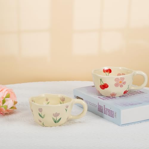 Pink Cherry Floral Ceramic Mug 8.5oz - Koythin 2-Pack Pink Cherrys
